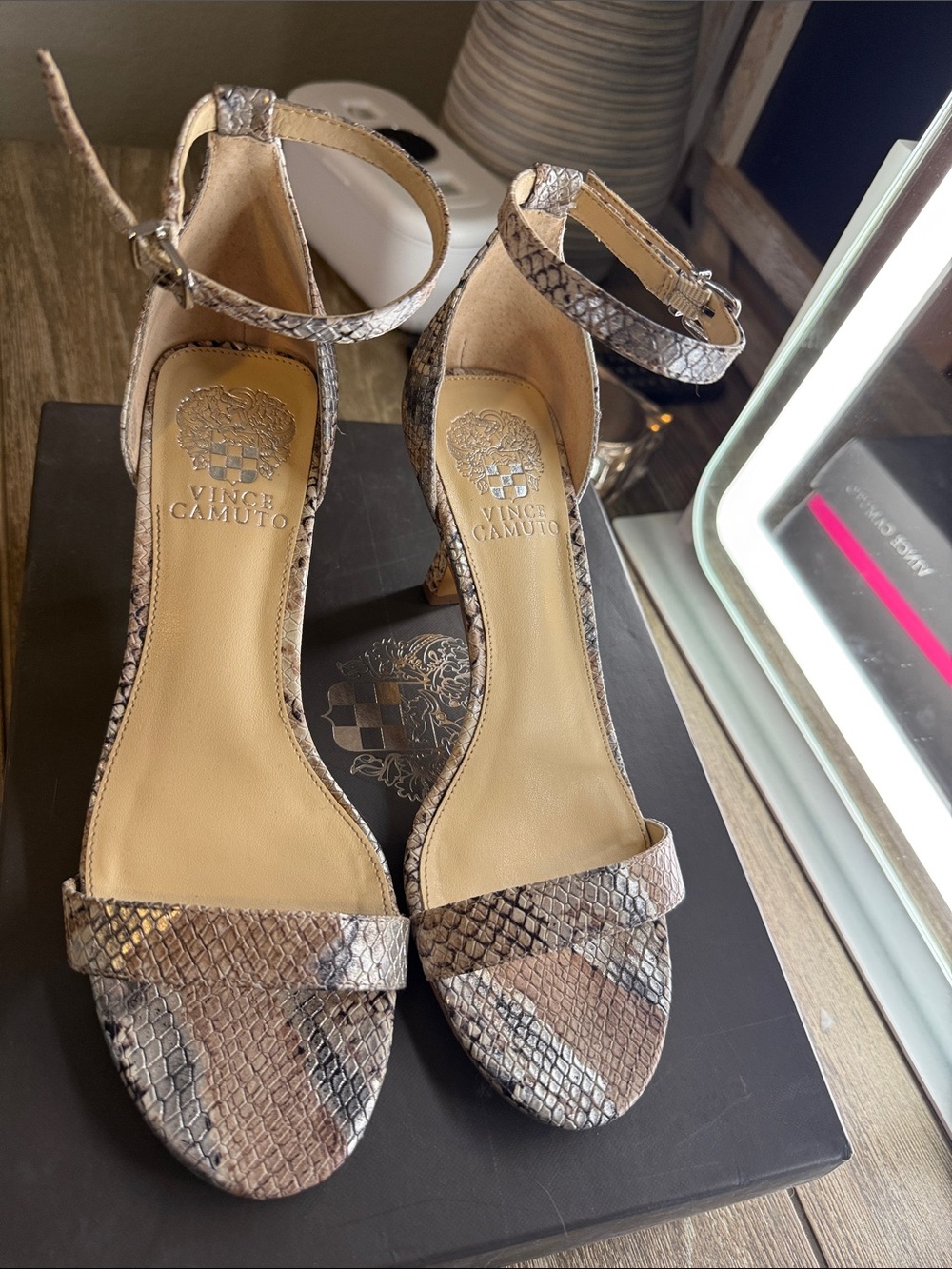 Vince Camuto Neutral Snake-Print Ankle-Strap Heels